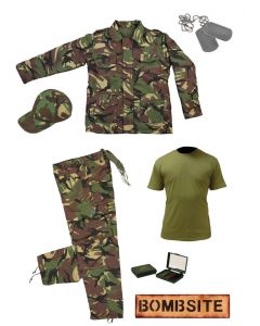 Kids Army Camo Pack 19 - Tshirt, Pants, Jacket, Cap, Camo Paint, Dog Tags and Bombsite Sign