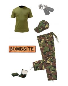 Kids Army Camo Pack 7 - Tshirt, Pants, Cap, Dog Tags, Camo Paint and Bombsite Sign 