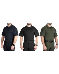 three-people-wearing-first-tactical-v2-short-sleeved-responder-shirts,-from-left-to-right,-midnight-navy,-black,-and-od-green